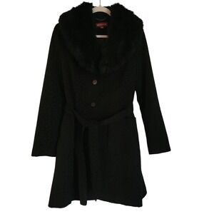Merona Black XL Leopard Trench Coat Removable Faux Fur Collar‎ Belted Mob Wife